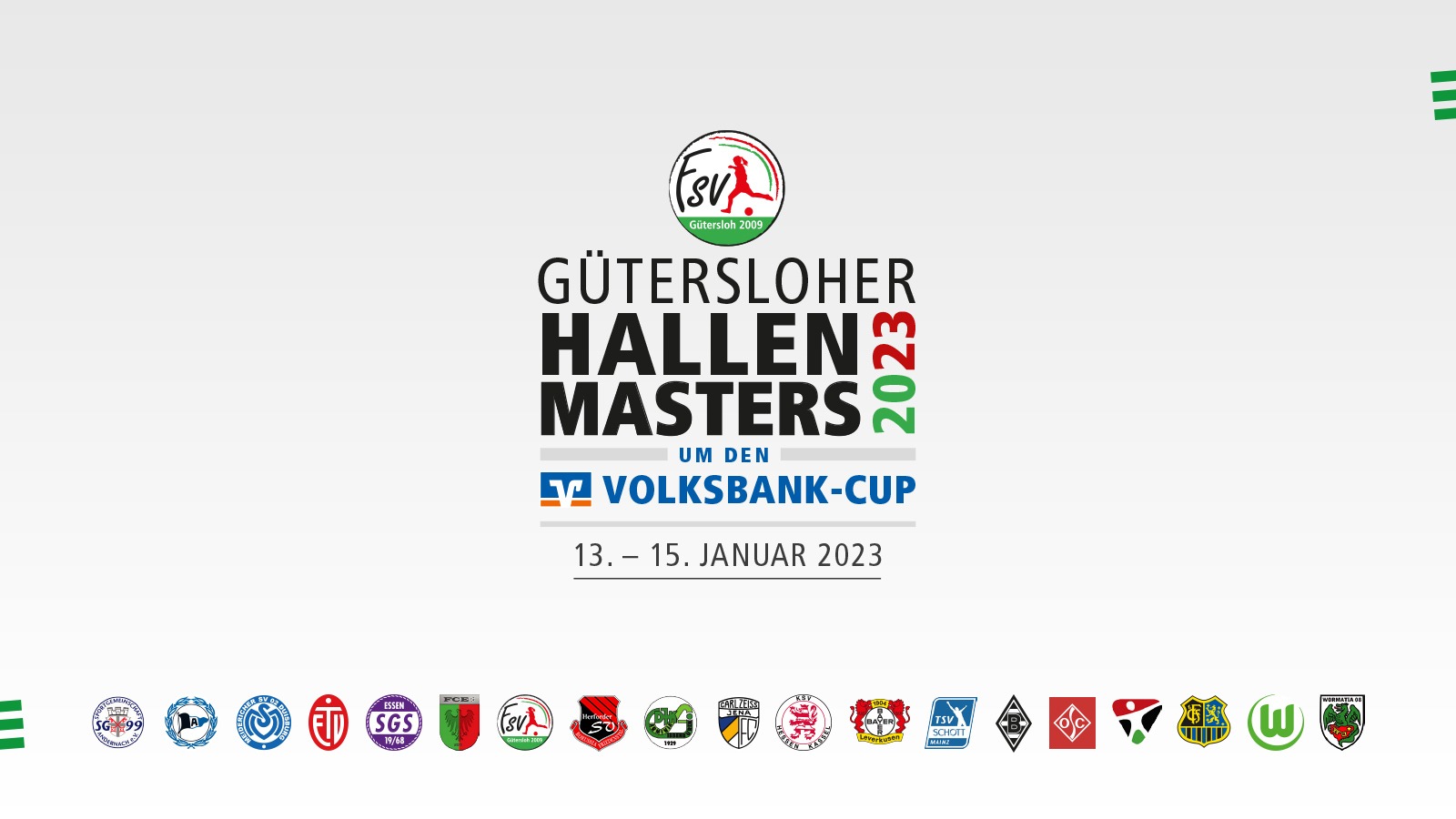 Gütersloher Hallenmasters 2023 um den Volksbank-Cup vom 13. bis 15 Januar (Grafik: FSV Gütersloh 2009)