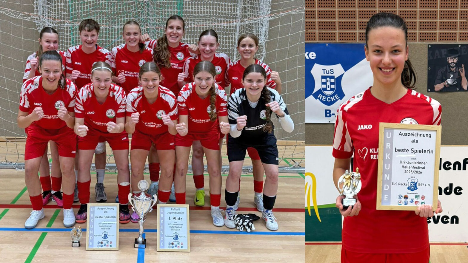 Recker-Fußball-Hallenfestival 2025/2026: Platz 1 für die U17-Juniorinnen und Auszeichnung zur besten Spielerin für Friederike Ladage. (Foto: FSV Gütersloh 2009)